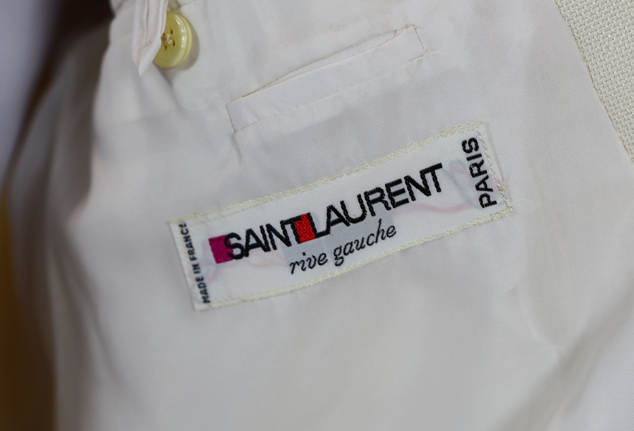 A Saint Laurent rive gauche gentlemen's cream silk weave double breasted dinner jacket, approx size 42